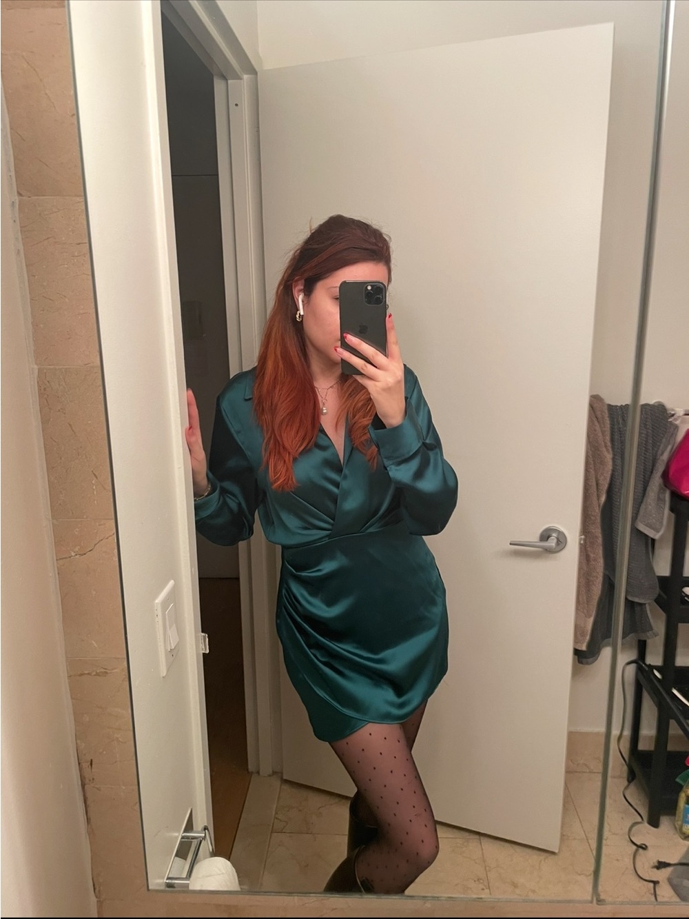 Zara Teal Satin Wrap Long-Sleeve Shirt Dress